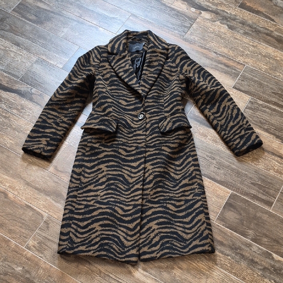 Tahari Jackets & Blazers - Tahari Black & Brown Wool Blend Lined 1 Button Zebra Print Midi Coat Pockets XS